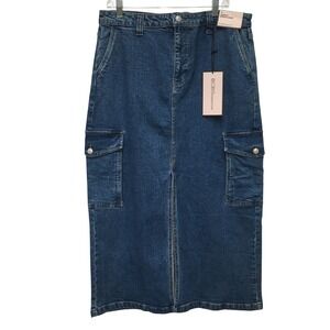 BCBGeneration Cargo Denim Midi Skirt XL Blue Front Slit Casual Streetwear NWT